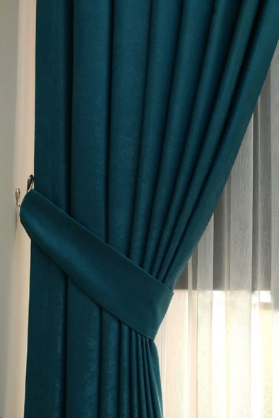 Koyu Petrol Ada Fon Perde Pilesiz Extraforlu Düz Dikim Büzgü Pile - Resim 4