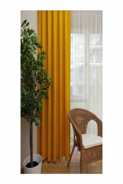 Koyu Sarı Ada Fon Perde Pilesiz Extraforlu Düz Dikim Büzgü Pile ürün görseli