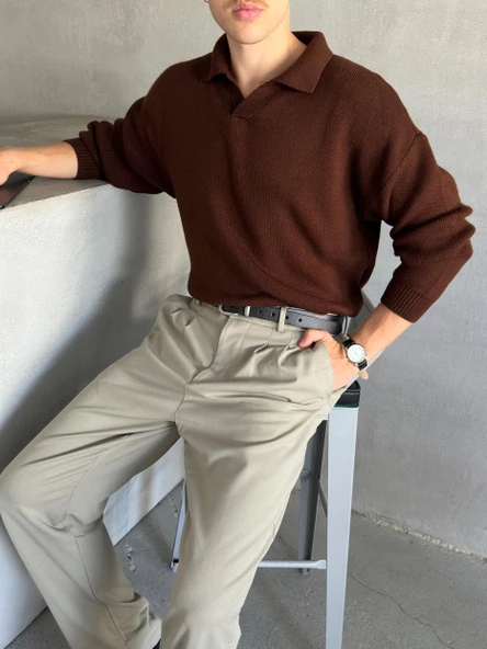 Erkek Polo Yaka Örme Oversize Kazak - 8