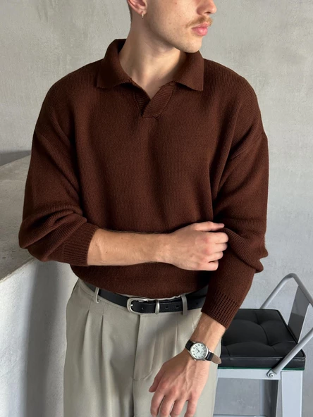 Erkek Polo Yaka Örme Oversize Kazak - 6