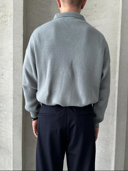Erkek Polo Yaka Örme Oversize Kazak - 5