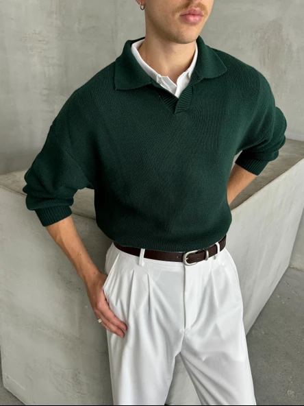 Erkek Polo Yaka Örme Oversize Kazak - 12