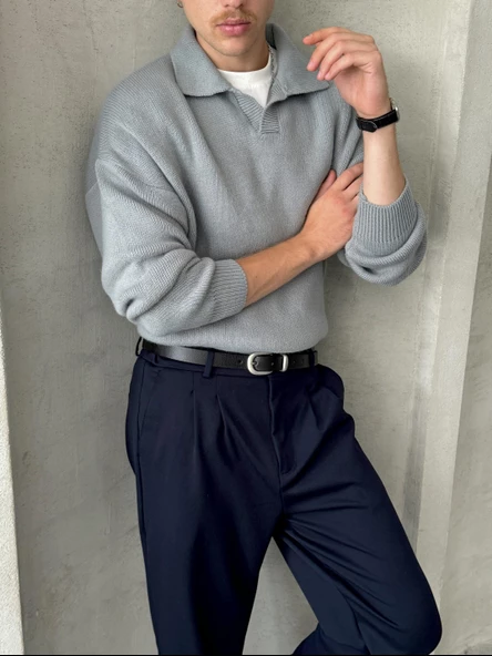 Erkek Polo Yaka Örme Oversize Kazak - 2