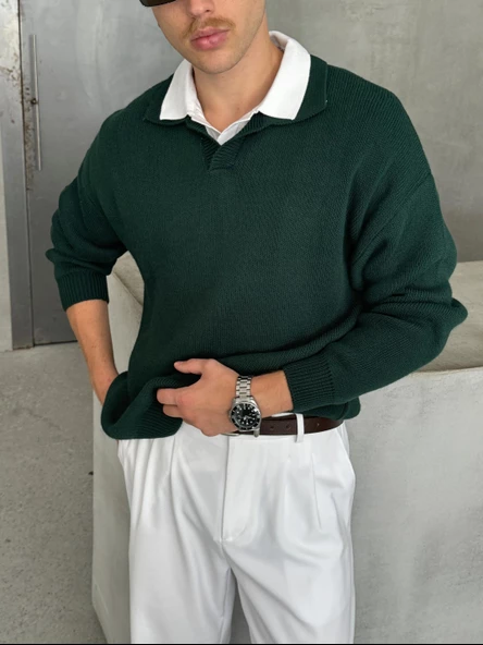 Erkek Polo Yaka Örme Oversize Kazak - 11