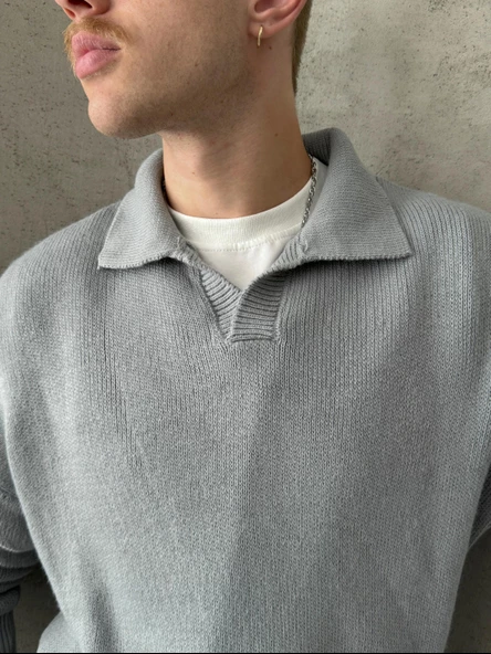 Erkek Polo Yaka Örme Oversize Kazak - 4