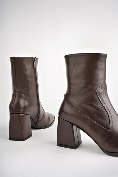 Muggo ADELA Garantili Hakiki Deri Kare Burun Fermuarlı Topuklu Kadın Bot - 3