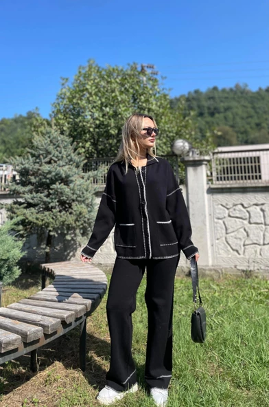 Kadın Çoban Dikişli Hırka-Pantolon Triko Takım Siyah-Ekru - 3