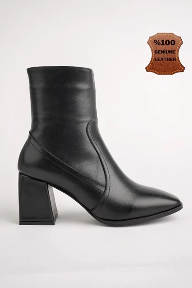 Muggo ADELA Garantili Hakiki Deri Kare Burun Fermuarlı Topuklu Kadın Bot - 10