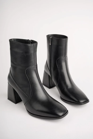 Muggo ADELA Garantili Hakiki Deri Kare Burun Fermuarlı Topuklu Kadın Bot - 11