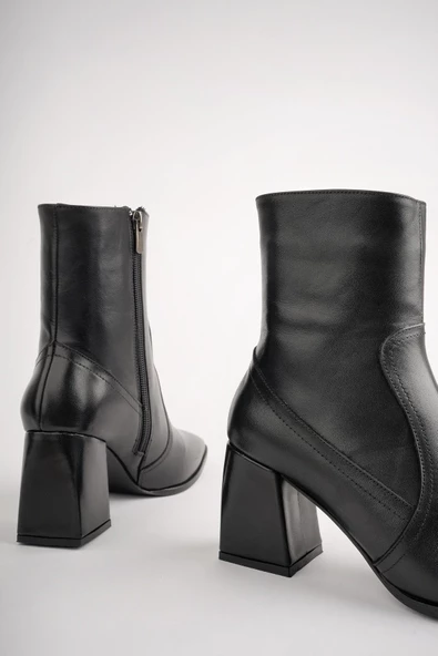 Muggo ADELA Garantili Hakiki Deri Kare Burun Fermuarlı Topuklu Kadın Bot - 12