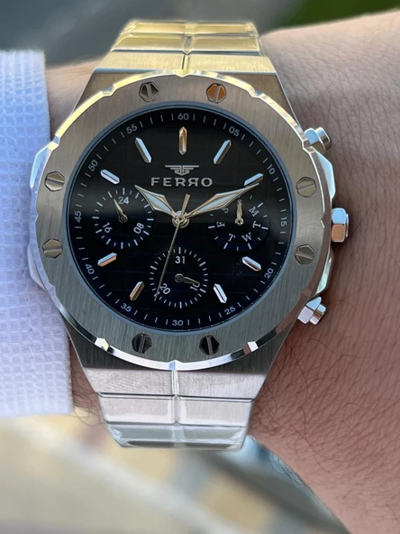 Ferro Çelik Kordon İç Fonksiyonları Aktif Chronograph 30 Mt Su Geçirmez Erkek Kol Saati EFM.43002.A2 - Resim 4