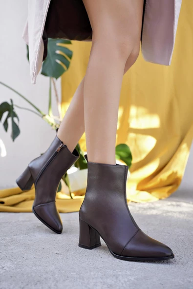 Muggo CHEVY Garantili Hakiki Deri Fermuarlı Topuklu Kadın Bot - 5