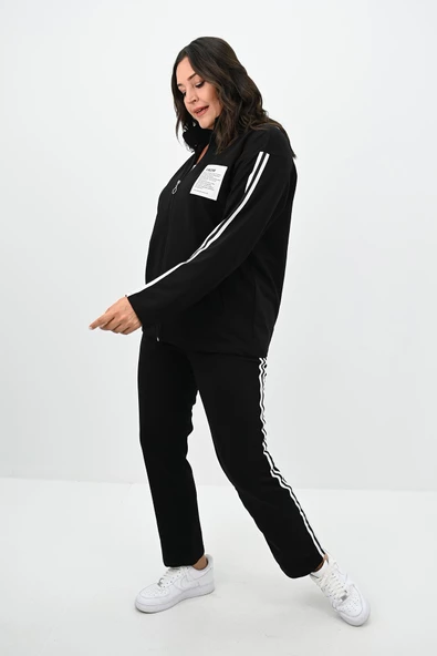 Kadın Büyük Beden Fermuarlı Yaka Şerit Detaylı Eşofman Takımı 8135-25 - 4