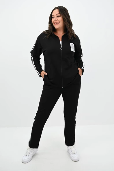 Kadın Büyük Beden Fermuarlı Yaka Şerit Detaylı Eşofman Takımı 8135-25 - 3