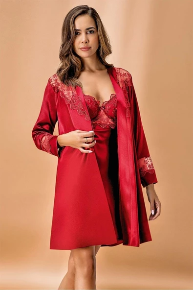 Nurteks Kadın Bordo 2 Li Kaplı Sabahlık Gecelik Saten Kimono Takım 5384 - 5