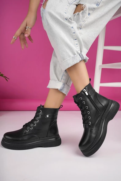 Muggo LUCİNDA Garantili Kalın Taban Fermuarlı Bağcıklı Kadın Postal Bot - 3