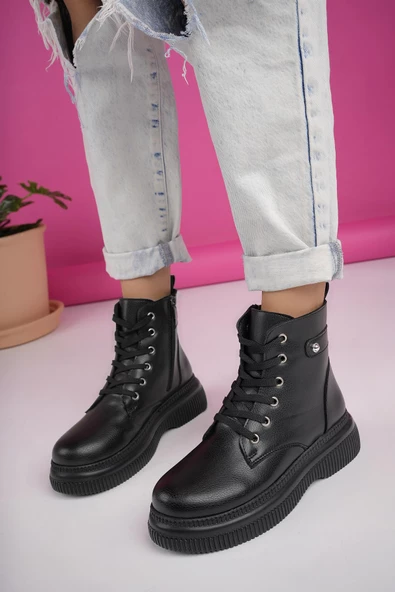 Muggo LUCİNDA Garantili Kalın Taban Fermuarlı Bağcıklı Kadın Postal Bot - 2