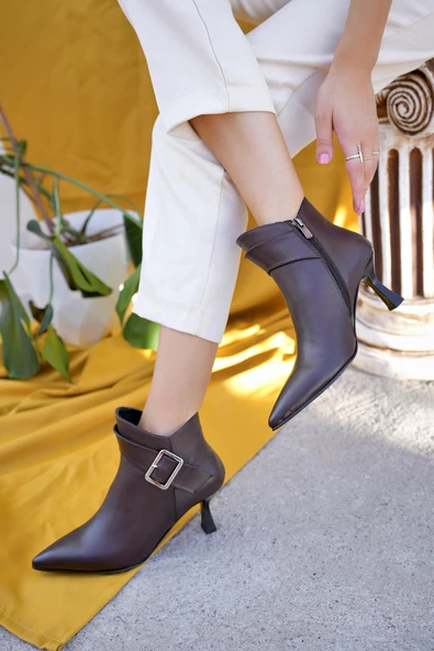 Muggo MONİCA Garantili Hakiki Deri Kemer ve Toka Detaylı Fermuarlı İnce Topuklu Kadın Bot - 6