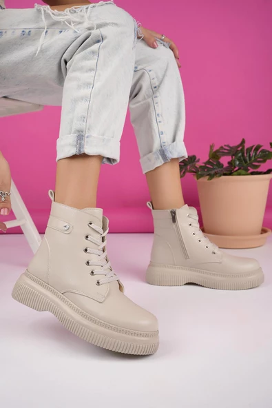 Muggo LUCİNDA Garantili Kalın Taban Fermuarlı Bağcıklı Kadın Postal Bot - 12