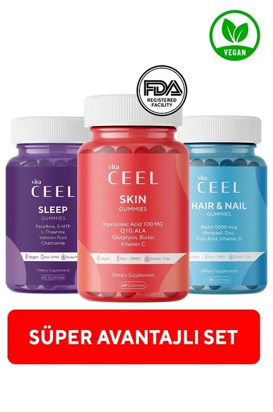 Vita Ceel Hair and Nail Gummies - Skin Gummies Cilt Vitamini -Sleep Gummies 60 Gummies