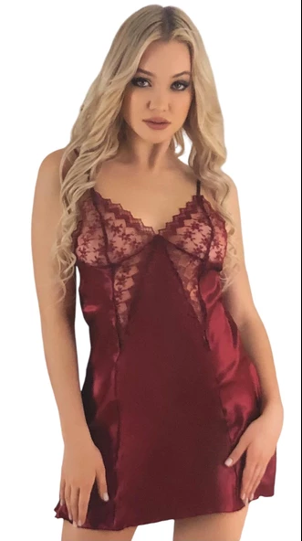 Visatin Kadın Bordo Saten Dantelli İnce Askılı Gecelik 2046 - 4