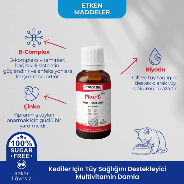 Foodline Kediler için Plus +B Damla 50ml Tüy Sağlığını Destekleyici Biotinli Multivitamin - 3