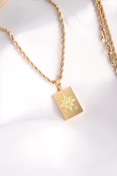 316L Çelik Gold Renk Burgu Zincir Kutup Yıldızı İşleme Plaka Figür Kadın Kolye - TJ-BKO8451 - 3