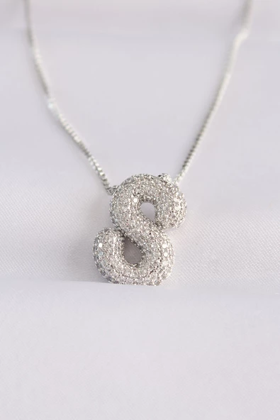 316L Çelik Zincirli Zirkon Taşlı S Harfli Silver Renk Bubble Kolye - TJ-BKO8590 - 1