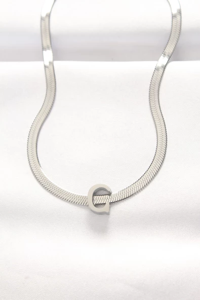 316L Çelik C Harfli Silver Renk İtalyan Zincirli Kolye - TJ-BKO8538 - 1