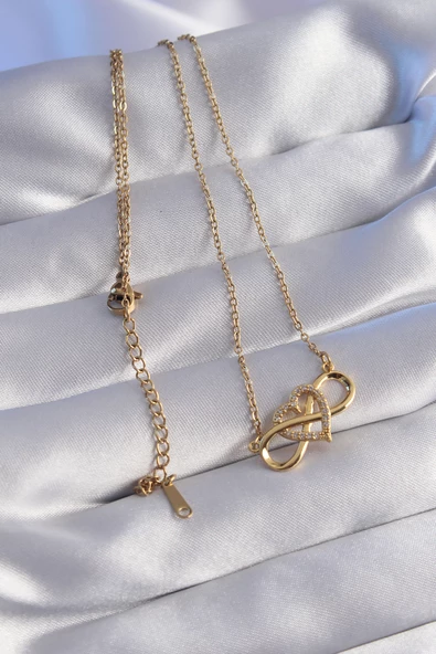 316L Çelik Zincir Gold Renk Zirkon Taşlı Kalp Model Sonsuzluk Kolye - TJ-BKO8768 - 2