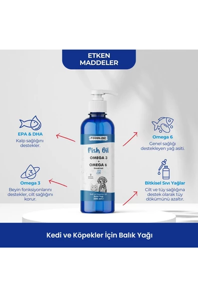 Foodline Fish Oil 200 ml Omega 3&6 İçerikli Balık Yağı Kedi ve Köpekler İçin Tüy ve Genel Sağlık Destekleyici - 3