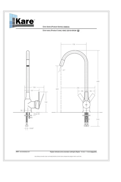 KARE BATARYA  Omega Mix Beyaz Esnek Borulu Eviye Bataryası - Resim 2
