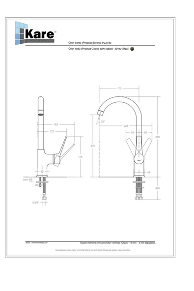 KARE BATARYA  Platin Mix Siyah İnci Eviye Bataryası (Uzun Borulu) - Resim 2