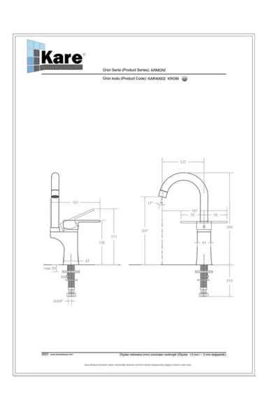 KARE BATARYA  Armoni Mix Lavabo Bataryası Kısa Borulu - Resim 2