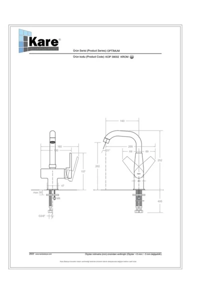 KARE BATARYA  Optimum Mix Lavabo Bataryası Kısa Borulu - 2