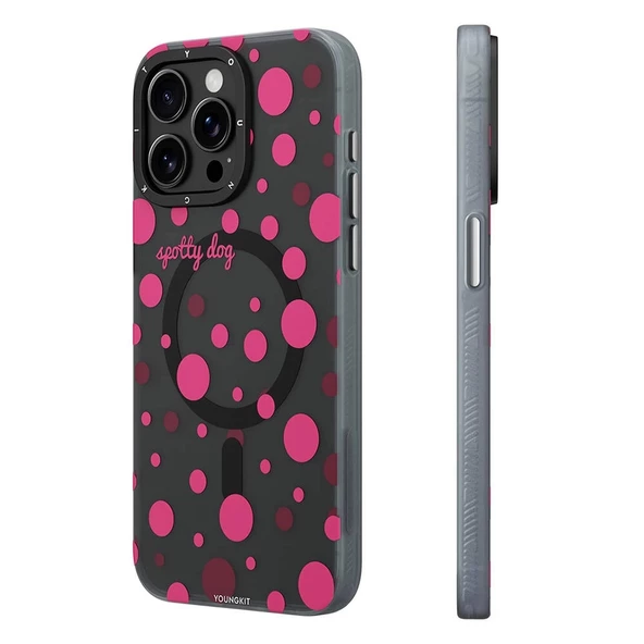 Apple iPhone 15 Pro Max Kılıf Magsafe Şarj Özellikli Polka Dot Desenli Youngkit Spots Serisi Kapak