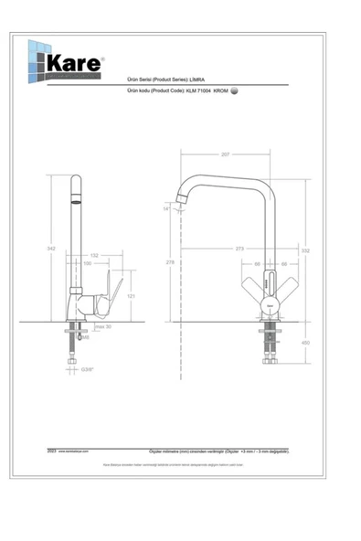 KARE BATARYA  Limra Mix Yatık Borulu Eviye Bataryası - Resim 2