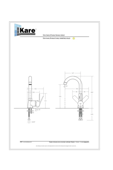 KARE BATARYA  İnci Mix Lavabo Bataryası (Kısa Borulu) - Resim 2