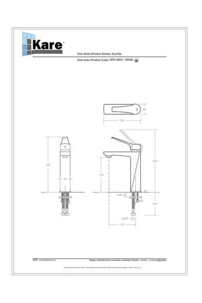 KARE BATARYA  Platin Mix Lavabo Bataryası - Resim 2