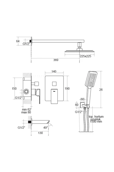 KARE BATARYA  ANKASTRE SİYAH BANYO SETİ 2 YOLLU - Resim 2