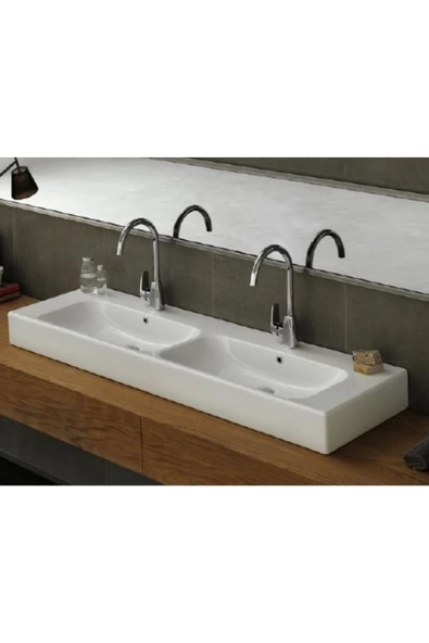 Turkuaz  Pinto Etajerli Lavabo 120x47 cm (Çift Hazneli, Çift Batarya Delikli)