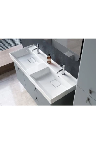 Turkuaz  Sharp Etajerli Lavabo 120x48 cm (Çift Hazneli Çift Batarya Delikli)