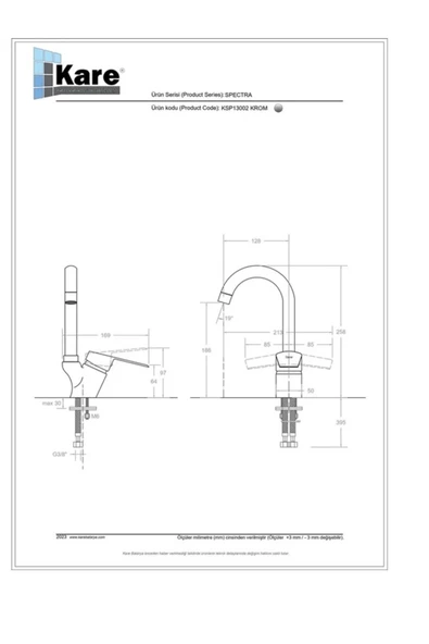 KARE BATARYA  Spectra Mix Lavabo Bataryası(Kısa Borulu) - 2