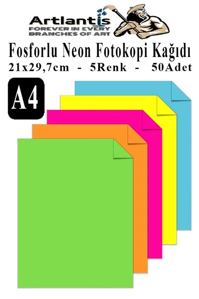 Neon Fosforlu Renkli A4 Fotokopi Kağıdı 50 li 1 Paket 50 Adet Fosforlu 5 Renk Parlak Canlı Renkler Fotokopi Kağıdı