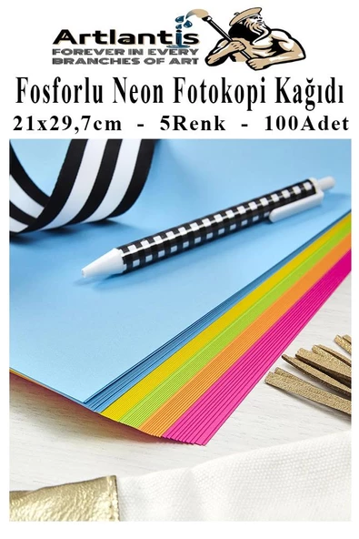 Neon Fosforlu Renkli A4 Fotokopi Kağıdı 100 lü 1 Paket 100 Adet Fosforlu 5 Renk Parlak Canlı Renkler Fotokopi Kağıdı - 2