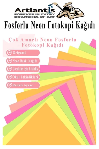 Neon Fosforlu Renkli A4 Fotokopi Kağıdı 100 lü 1 Paket 100 Adet Fosforlu 5 Renk Parlak Canlı Renkler Fotokopi Kağıdı - 4