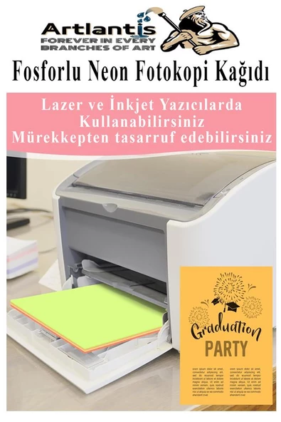 Neon Fosforlu Renkli A4 Fotokopi Kağıdı 100 lü 1 Paket 100 Adet Fosforlu 5 Renk Parlak Canlı Renkler Fotokopi Kağıdı - 3