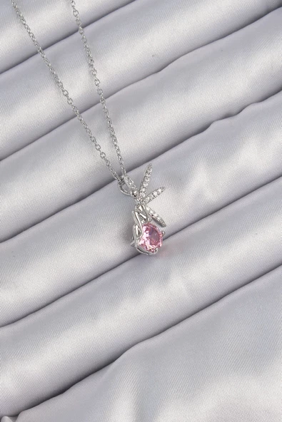 316L Çelik Zincir Gümüş Renk Pembe Zirkon Taşlı Peri Kolye - TJ-BKO9176