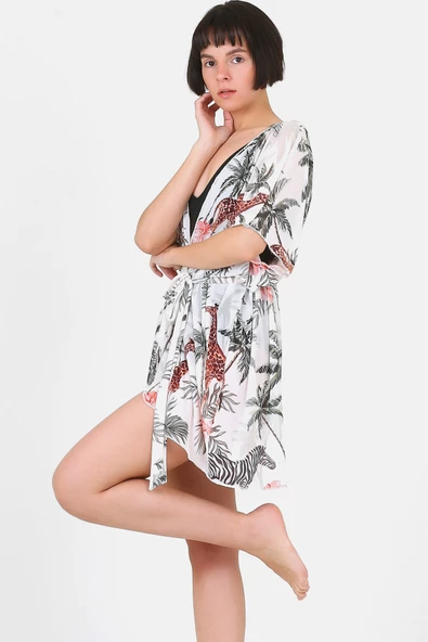 Pareo Plaj Elbisesi Kimono Std Tropikal Beyaz - 2