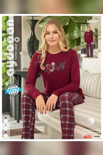 Aydoğan Kadın Ezgi Flexible Love Ekose Bordo Pijama Takım 0637 - 3